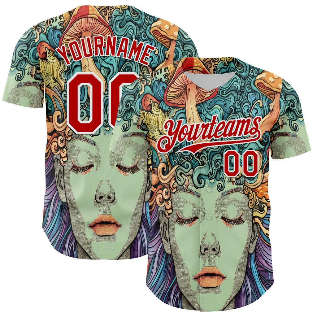 Custom Green Red-White 3D Pattern Design Rave Party Trippy Magic Mushroom Authentic Baseball Jersey