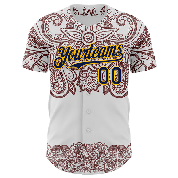 Custom White Navy Red-Yellow 3D Pattern Design Burner Costumes Paisley Bandana Authentic Baseball Jersey