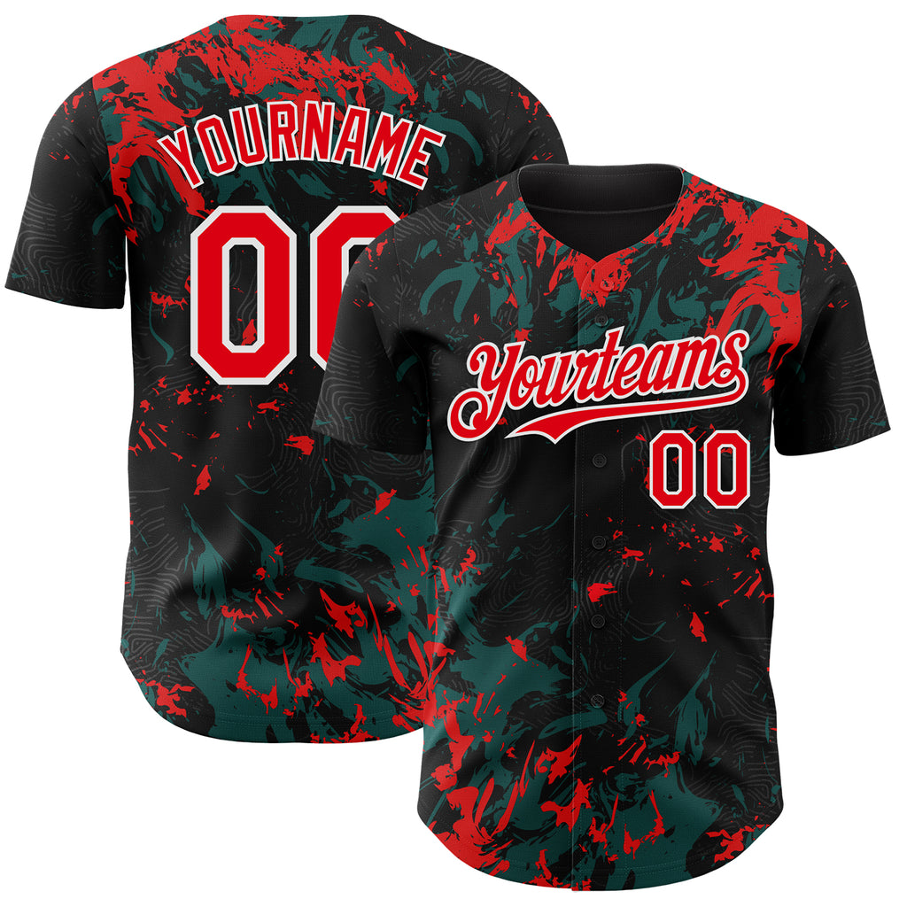 Custom Black Fire Red Midnight Green-White 3D Pattern Design Splash Authentic Baseball Jersey