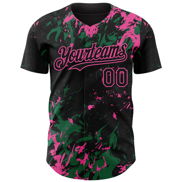 Custom Black Kelly Green-Pink 3D Pattern Design Splash Authentic Baseball Jersey