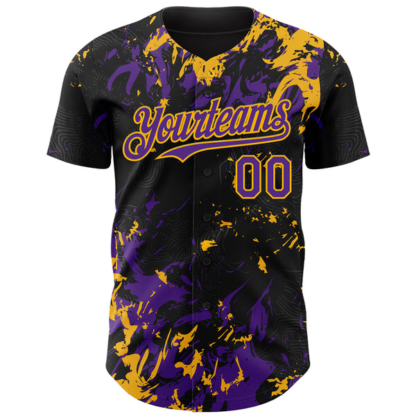 Custom Black Purple-Gold 3D Pattern Design Splash Authentic Baseball Jersey