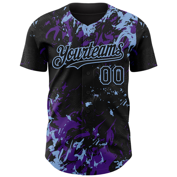 Custom Black Purple-Light Blue 3D Pattern Design Splash Authentic Baseball Jersey