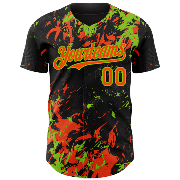 Custom Black Orange-Neon Green 3D Pattern Design Splash Authentic Baseball Jersey