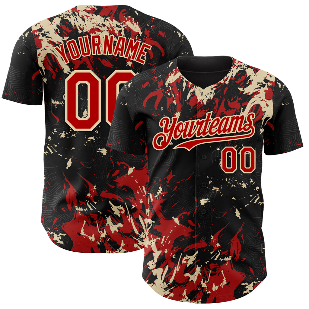 Custom Black Red-Cream 3D Pattern Design Splash Authentic Baseball Jersey