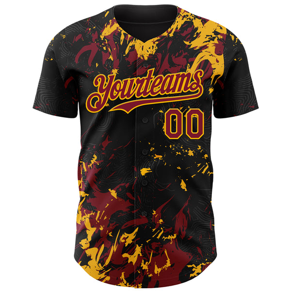 Custom Black Crimson-Gold 3D Pattern Design Splash Authentic Baseball Jersey