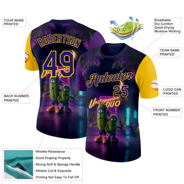 Custom Dark Purple Yellow 3D Funny Pickleball Paddles Balls Performance T-Shirt