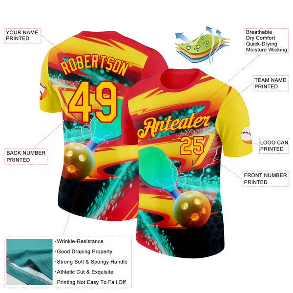 Custom Red Yellow-Blue 3D Pickleball Paddles Balls Performance T-Shirt