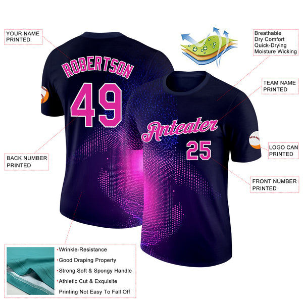 Custom Navy Deep Pink-White 3D Pattern Design Gradient Neon Sport Wear Performance T-Shirt