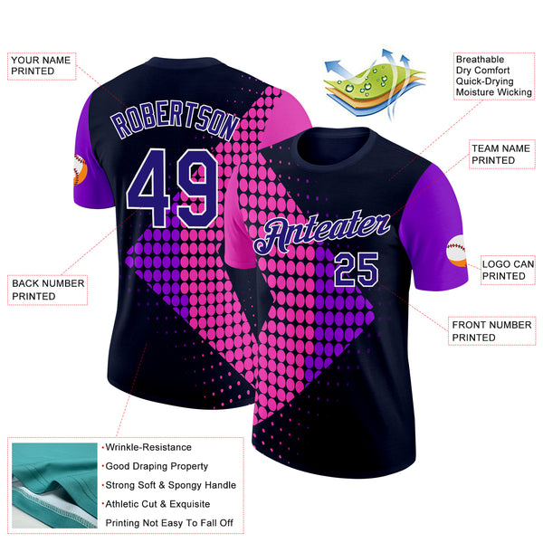 Custom Navy Dark Purple Pink-White 3D Pattern Design Neon Dots Sport Wear Performance T-Shirt