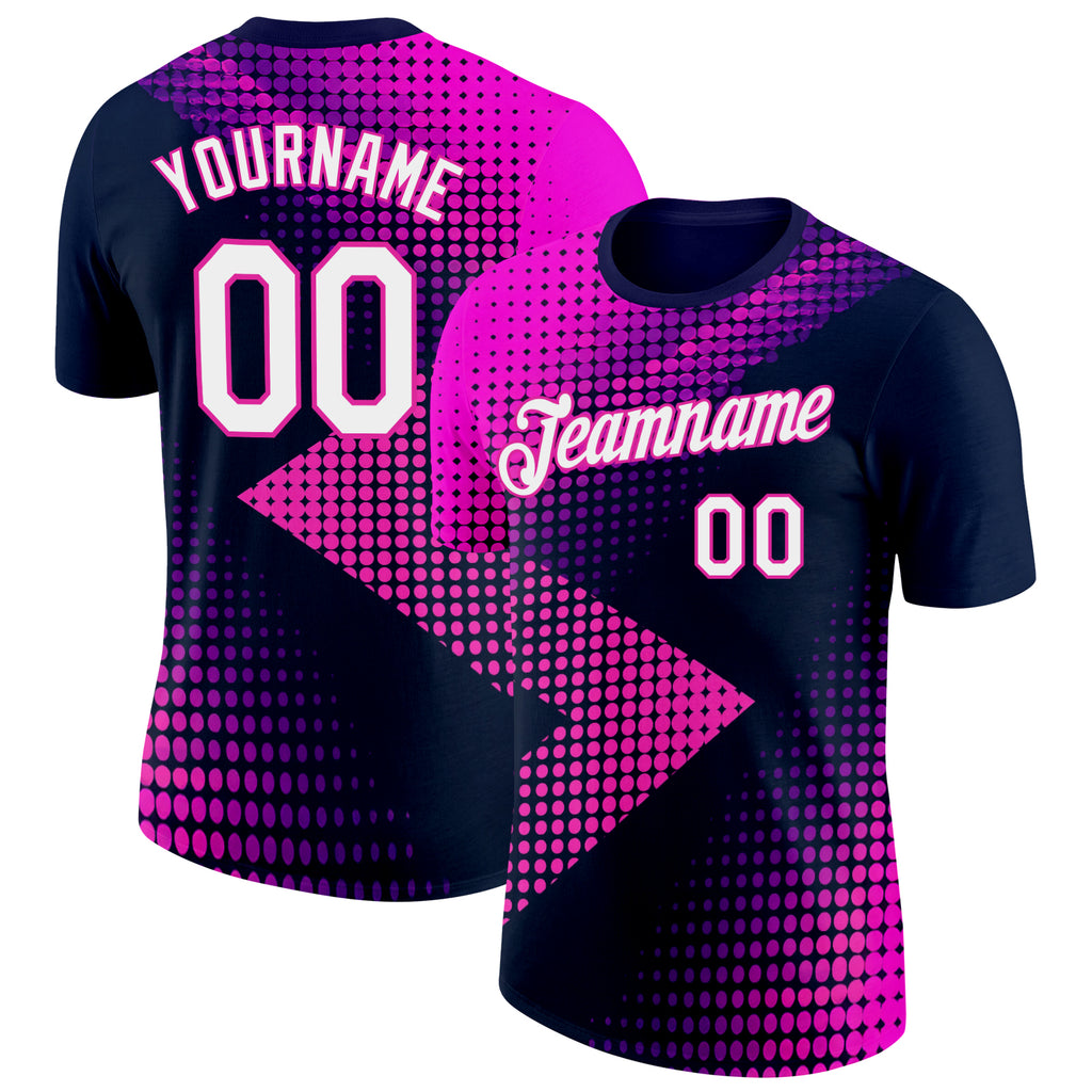 Custom Navy White-Deep Pink 3D Pattern Design Gradient Neon Sport Wear Performance T-Shirt