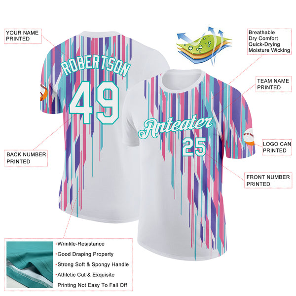 Custom White Aqua 3D Pattern Design Stripe Sport Wear Performance T-Shirt