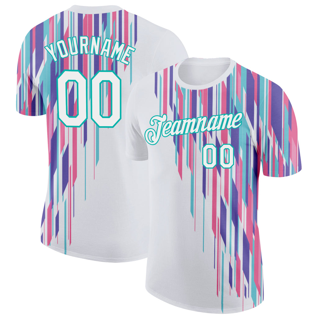 Custom White Aqua 3D Pattern Design Stripe Sport Wear Performance T-Shirt
