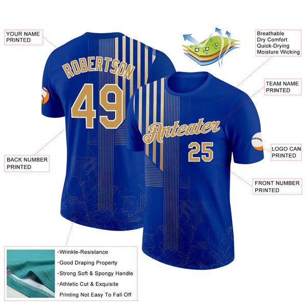 Custom Blue Old Gold-White 3D Pattern Design Brazil Stripe Sport Wear Performance T-Shirt