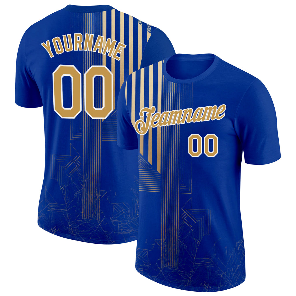 Custom Blue Old Gold-White 3D Pattern Design Brazil Stripe Sport Wear Performance T-Shirt