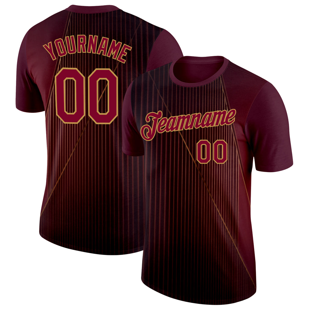 Custom Red Maroon-Old Gold 3D Pattern Design Gradient Stripe Sport Wear Performance T-Shirt