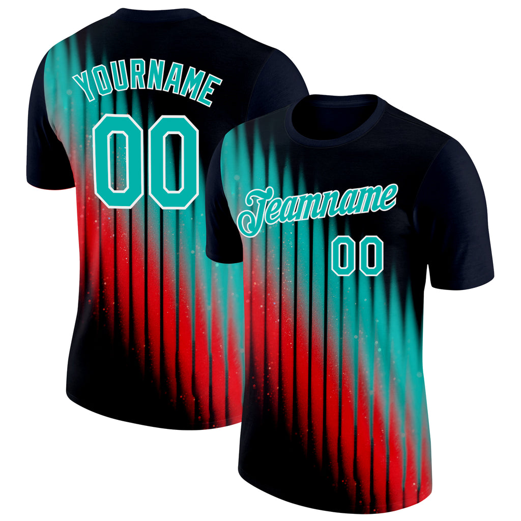 Custom Navy Aqua Red-White 3D Pattern Design Gradient Stripe Sport Wear Performance T-Shirt