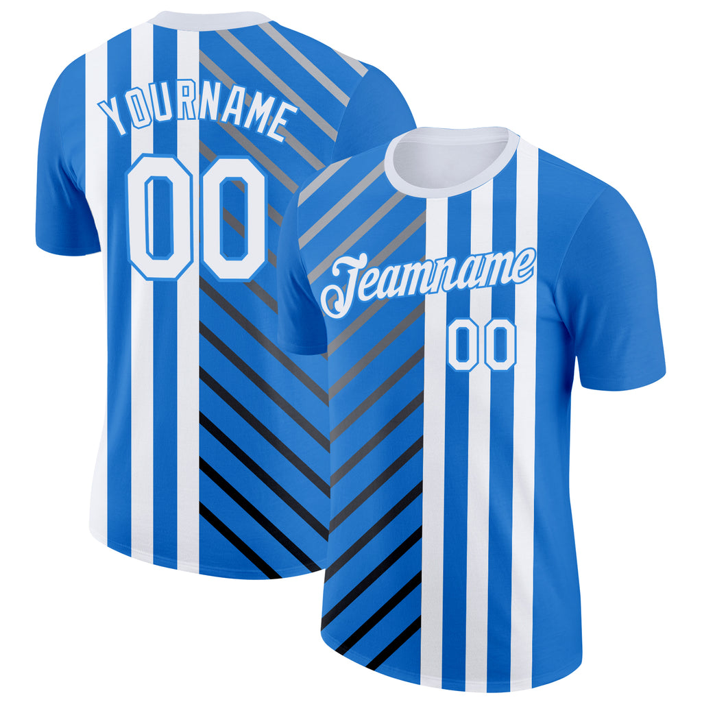 Custom Blue White Powder Blue Gray-Black 3D Pattern Design Argentina Stripe Sport Wear Performance T-Shirt