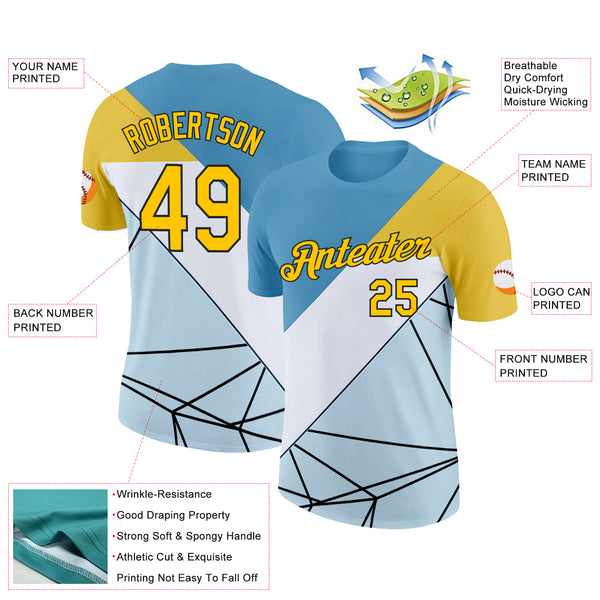 Custom Blue Yellow White-Black 3D Pattern Design Geometric Shape Sport Wear Performance T-Shirt