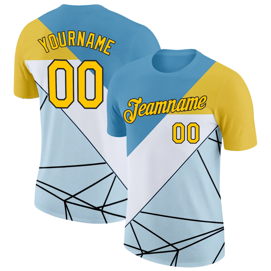 Custom Blue Yellow White-Black 3D Pattern Design Geometric Shape Sport Wear Performance T-Shirt