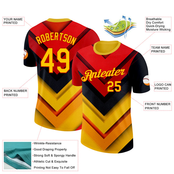 Custom Red Yellow-Black 3D Pattern Design Arrow Shape Sport Wear Performance T-Shirt