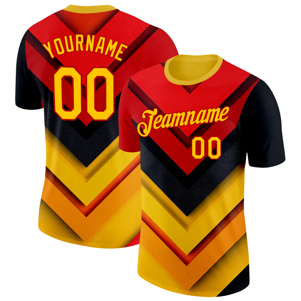 Custom Red Yellow-Black 3D Pattern Design Arrow Shape Sport Wear Performance T-Shirt