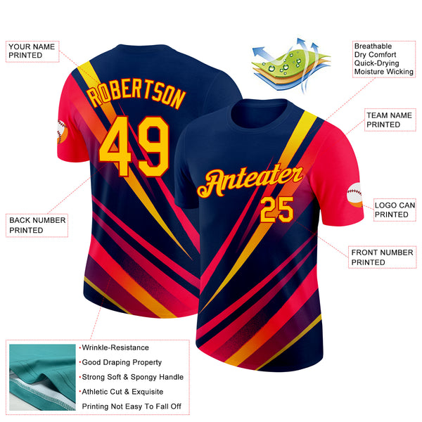 Custom Blue Yellow-Red 3D Pattern Design Gradient Line Sport Wear Performance T-Shirt