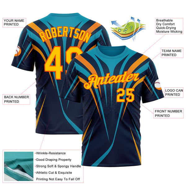 Custom Blue Yellow-Orange 3D Pattern Design Line Sport Wear Performance T-Shirt