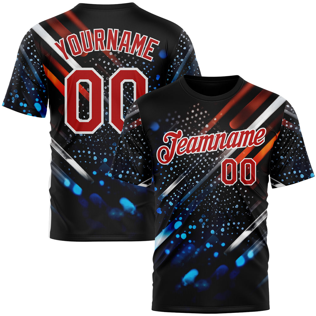 Custom Blue Red-White 3D Pattern Design Water Droplet Sport Wear Performance T-Shirt