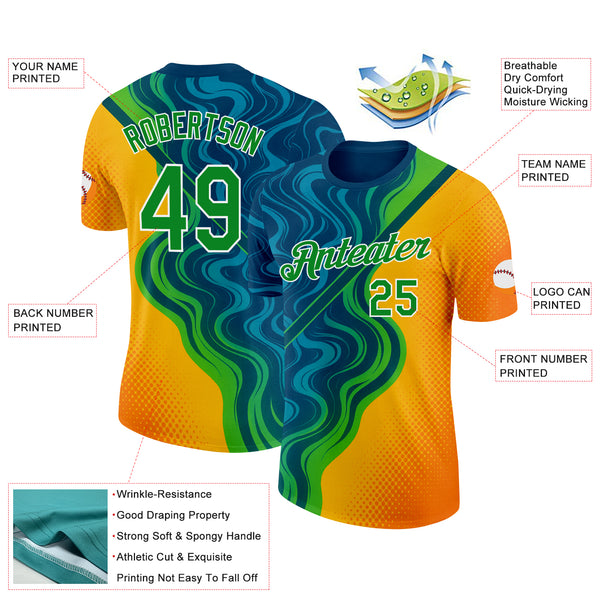 Custom Blue Grass Green Yellow-White 3D Pattern Design Brazil Marbel Sport Wear Performance T-Shirt