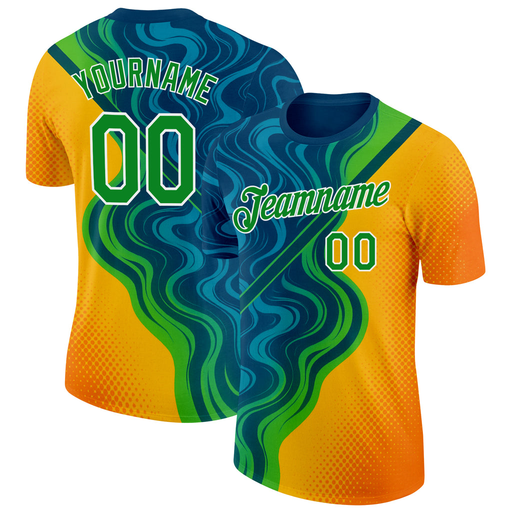 Custom Blue Grass Green Yellow-White 3D Pattern Design Brazil Marbel Sport Wear Performance T-Shirt