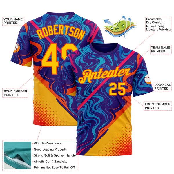 Custom Dark Purple Yellow-Orange 3D Pattern Design Romania Colombia Sport Wear Performance T-Shirt