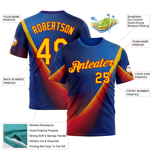 Custom Blue Yellow-Red 3D Pattern Design Romania Colombia Sport Wear Performance T-Shirt