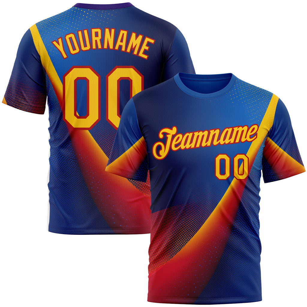 Custom Blue Yellow-Red 3D Pattern Design Romania Colombia Sport Wear Performance T-Shirt