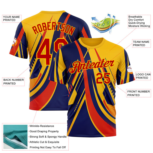 Custom Yellow Red-Blue 3D Pattern Design Romania Colombia Sport Wear Performance T-Shirt