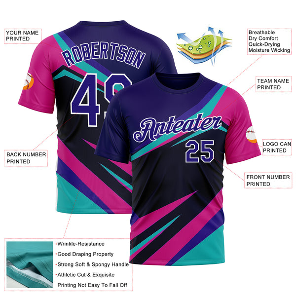 Custom Blue Dark Purple Black Pink-White 3D Pattern Design Line Sport Wear Performance T-Shirt