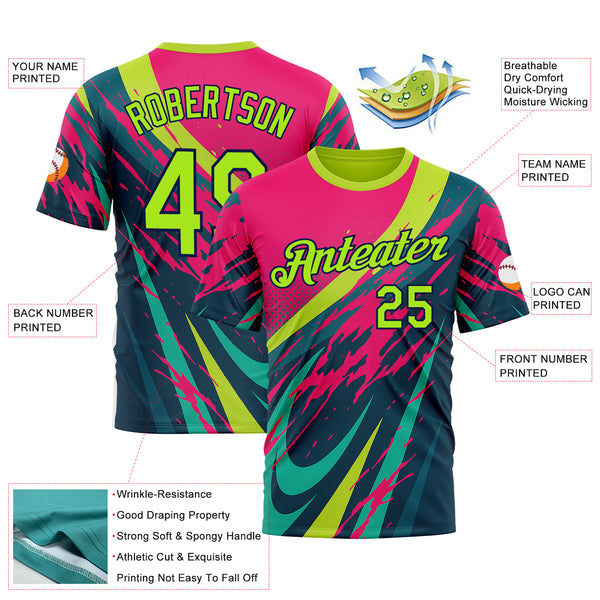 Custom Pink Neon Green-Navy 3D Pattern Design Splash Sport Wear Performance T-Shirt