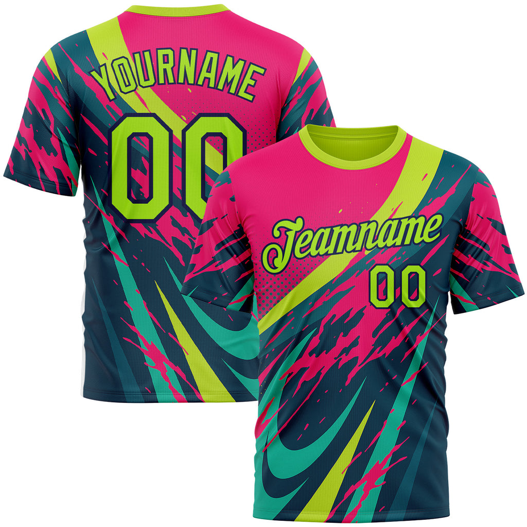 Custom Pink Neon Green-Navy 3D Pattern Design Splash Sport Wear Performance T-Shirt
