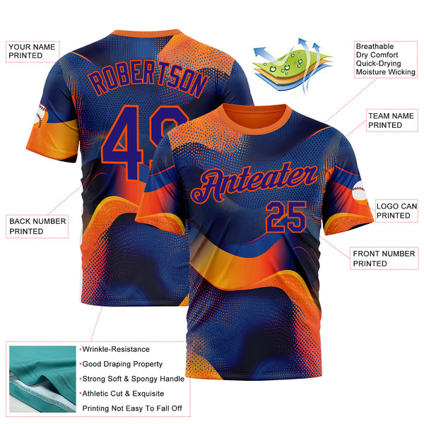 Custom Orange Dark Purple-Blue 3D Pattern Design Gradient Sport Wear Performance T-Shirt