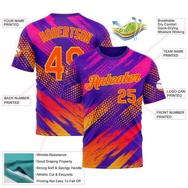 Custom Purple Orange-Yellow 3D Pattern Design Splash Sport Wear Performance T-Shirt