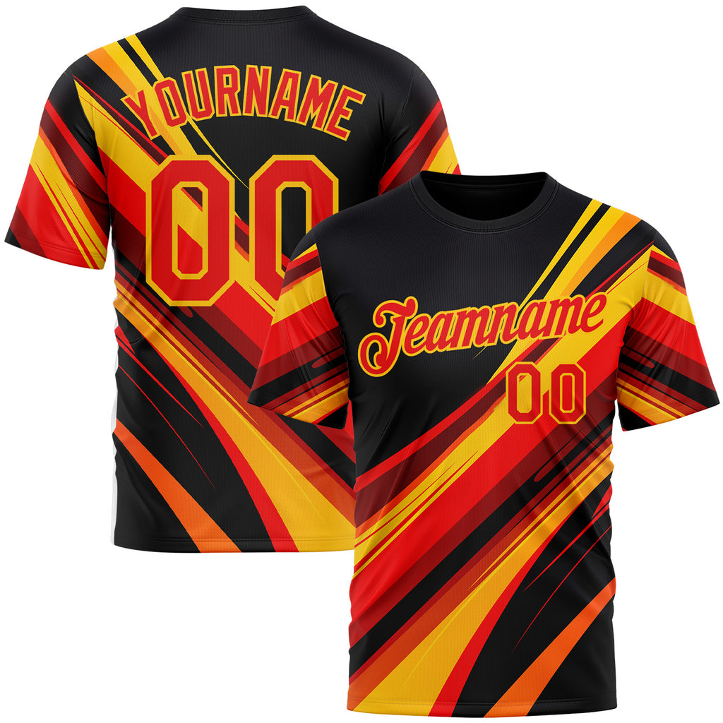 Custom Black Fire Red-Yellow 3D Pattern Design Line Sport Wear Performance T-Shirt