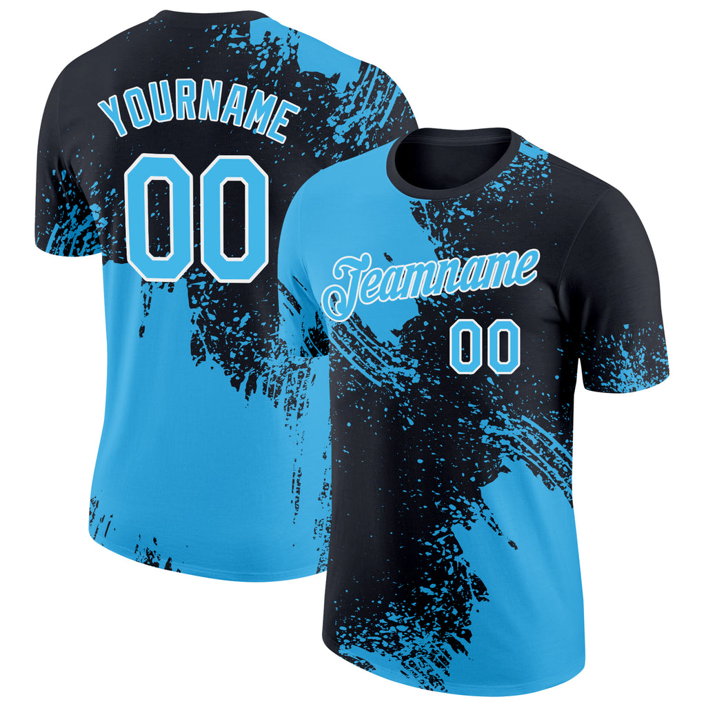 Custom Black Sky Blue-White 3D Pattern Design Abstract Brush Stroke Performance T-Shirt