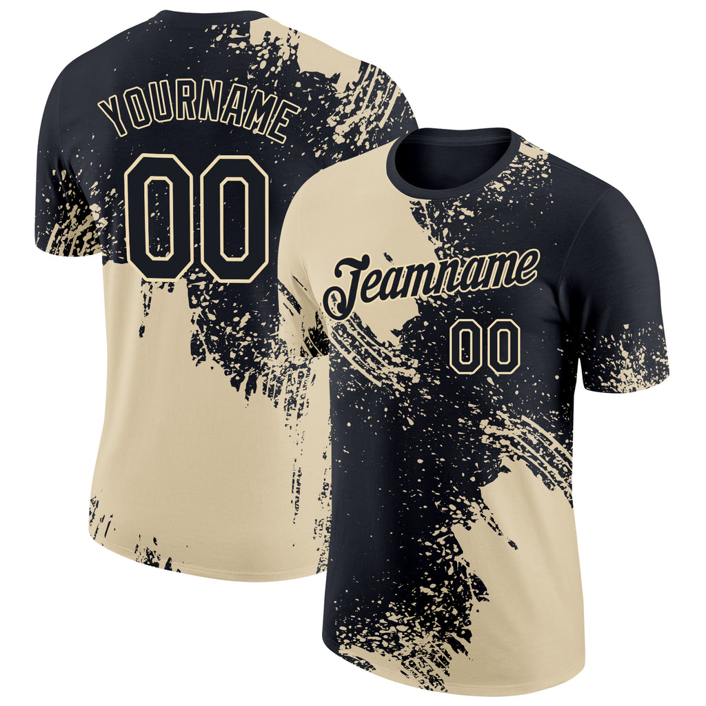 Custom Black Cream 3D Pattern Design Abstract Brush Stroke Performance T-Shirt