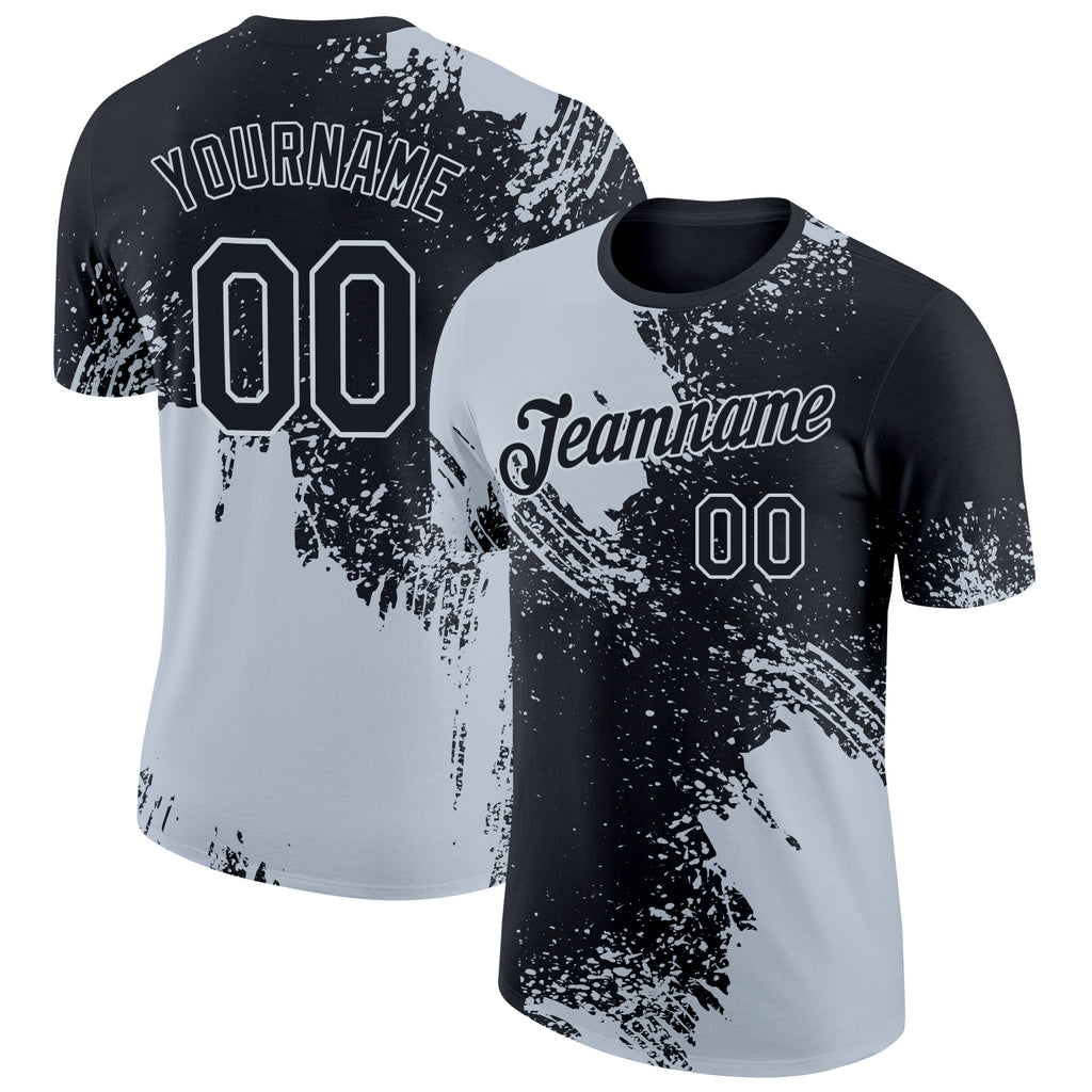 Custom Black Silver 3D Pattern Design Abstract Brush Stroke Performance T-Shirt
