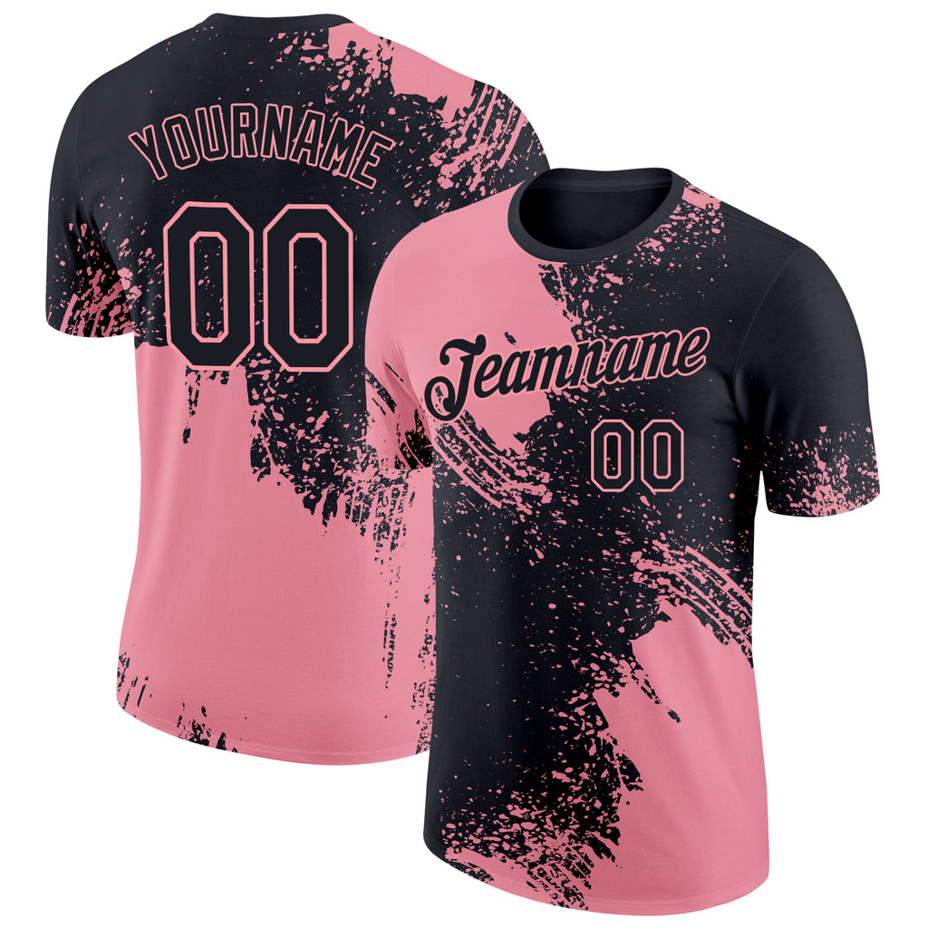 Custom Black Medium Pink 3D Pattern Design Abstract Brush Stroke Performance T-Shirt