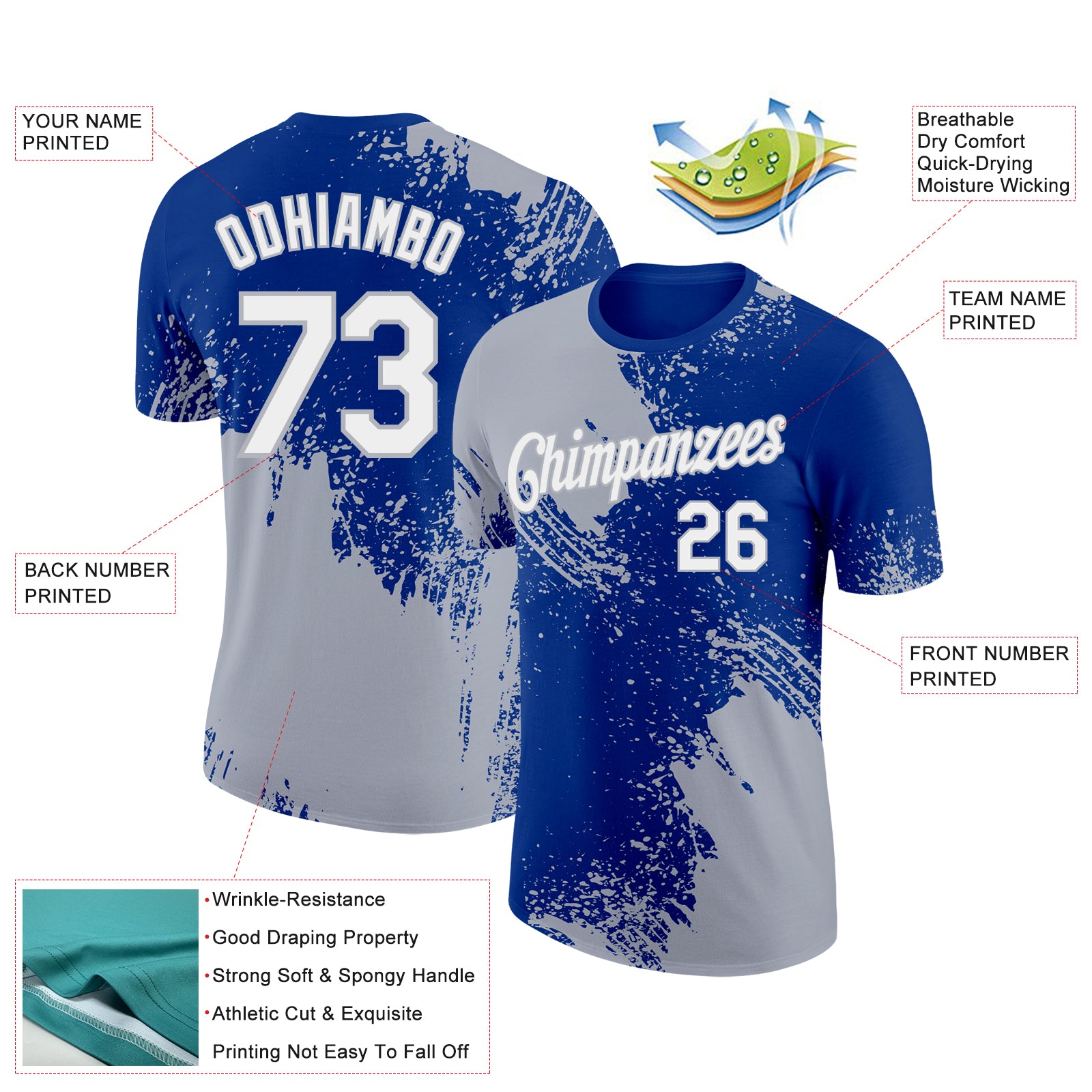 Custom Royal White-Gray 3D Pattern Design Abstract Brush Stroke Performance T-Shirt