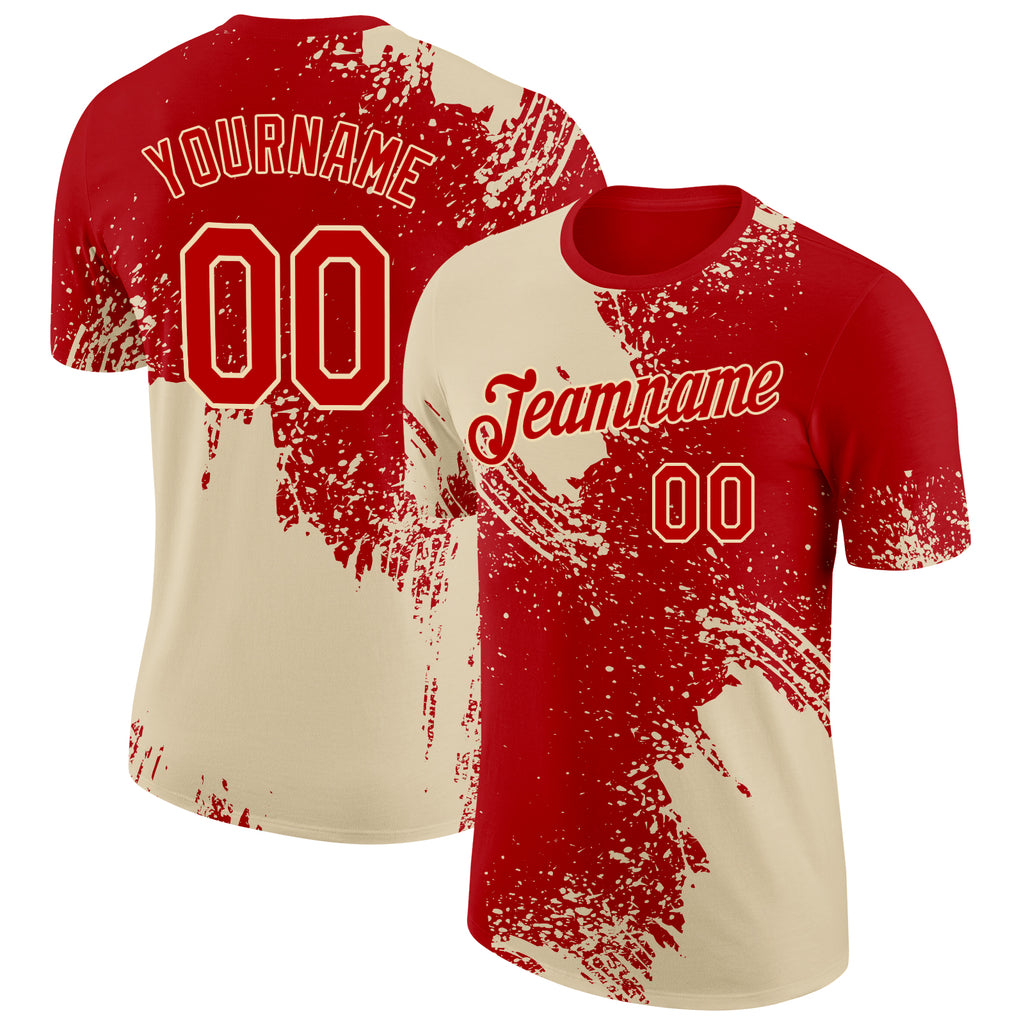 Custom Red Cream 3D Pattern Design Abstract Brush Stroke Performance T-Shirt