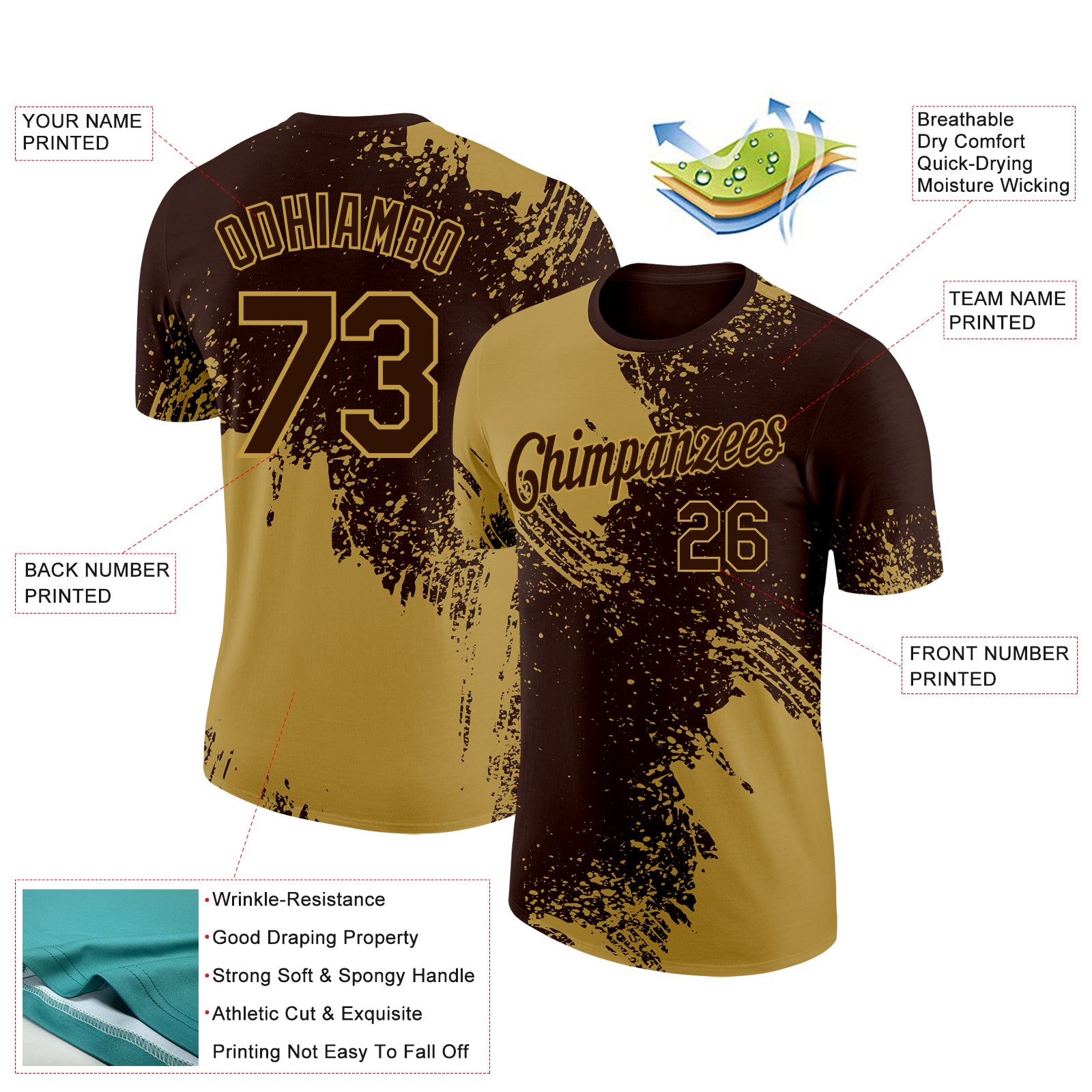 Custom Brown Old Gold 3D Pattern Design Abstract Brush Stroke Performance T-Shirt