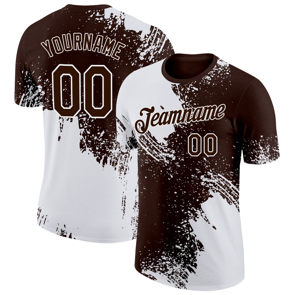 Custom Brown White 3D Pattern Design Abstract Brush Stroke Performance T-Shirt