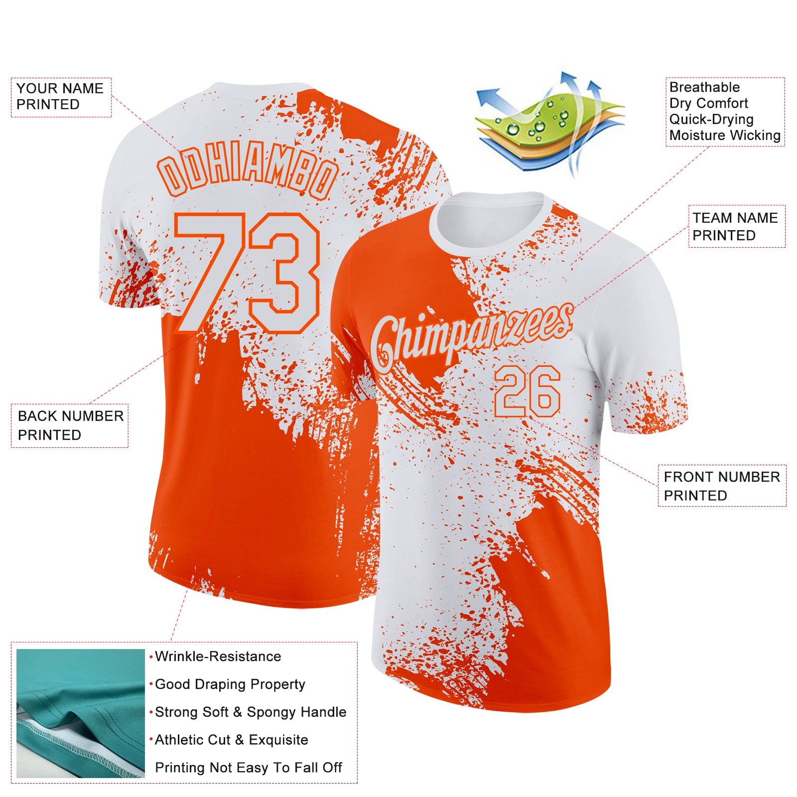 Custom White Orange 3D Pattern Design Abstract Brush Stroke Performance T-Shirt