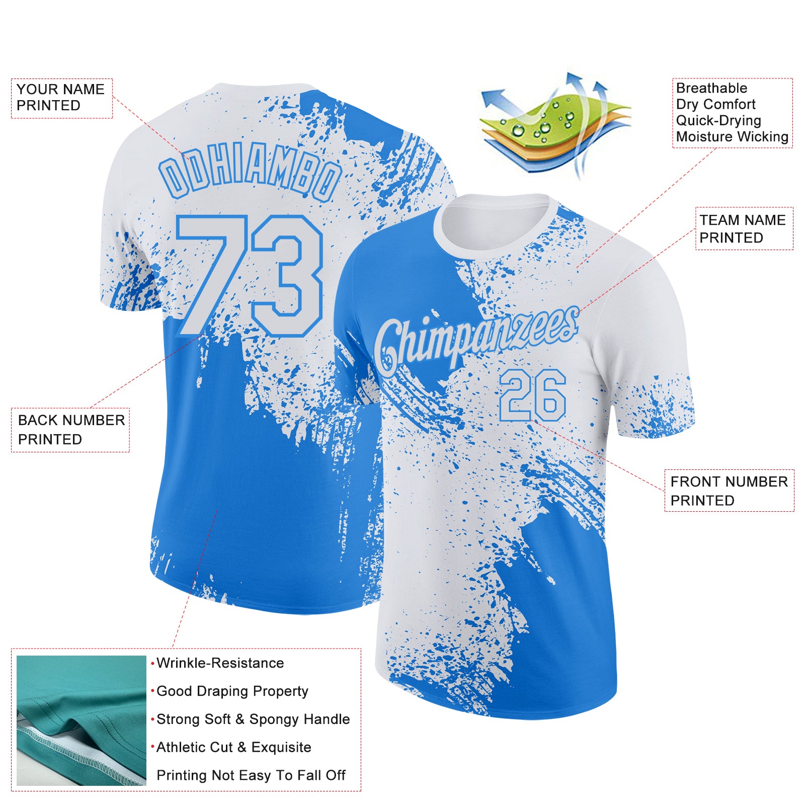 Custom White Powder Blue 3D Pattern Design Abstract Brush Stroke Performance T-Shirt